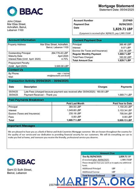 Downloadable Lebanon Bank of Beirut and Arab Countries (BBAC) mortgage statement Word and PDF template